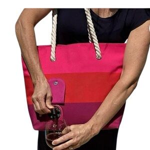 PORTO VINO Insulated Wine Tote w/ Drink Pouch Pink and Red Tote Bag 17”x 13” NWT